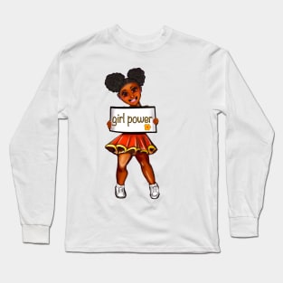 Girl power black anime manga girl cheerleader with Afro hair in puffs, brown eyes and dark brown skin side profile. Hair love ! Long Sleeve T-Shirt